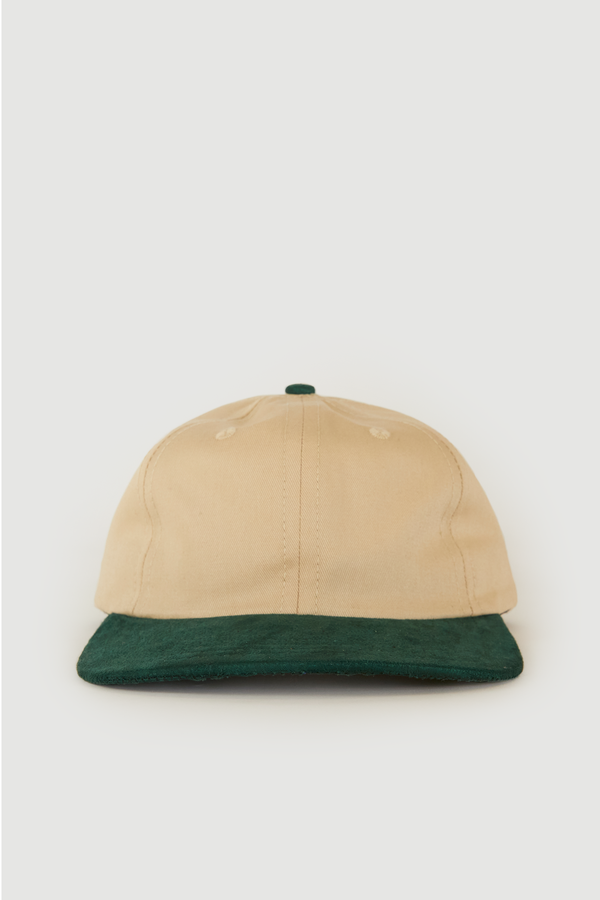 Two Tone Moleskin / Twill 6 Panel Cap - Green/Natural