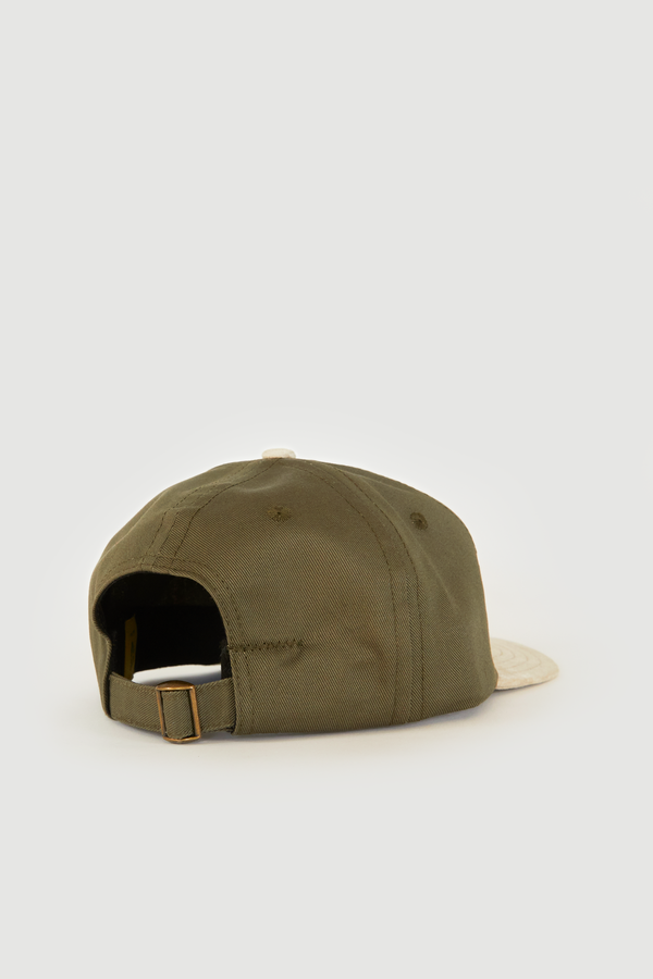 Two Tone Moleskin & Twill 6 Panel Cap- Olive & Sand